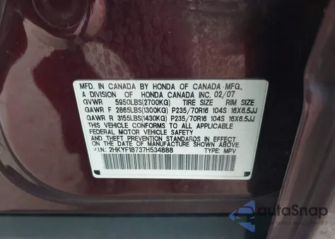 2007 Honda Pilot Ex-L from USA, damaged, VIN 2HKYF18737H534888